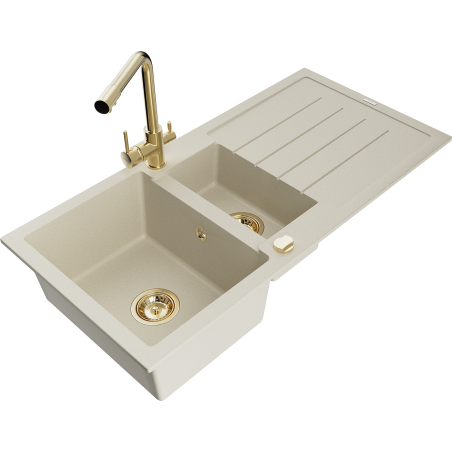 Mexen Andres évier en granit 1,5-bassins avec égouttoir et robinet de cuisine Duero, beige - 6515-69-671600-50