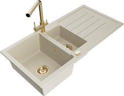 Mexen Andres évier en granit 1,5-bassins avec égouttoir et robinet de cuisine Duero, beige - 6515-69-671600-50