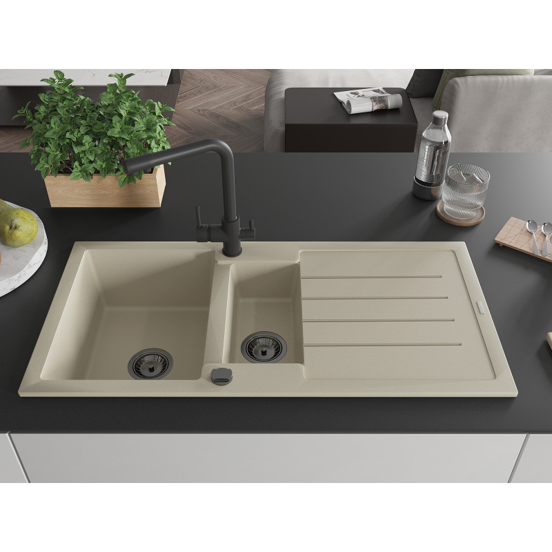 Mexen Andres évier en granit 1,5 bac avec égouttoir et robinet de cuisine Duero, beige - 6515-69-671600-70