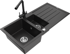 Mexen Andres évier en granit 1,5 bac avec égouttoir et robinet de cuisine Duero, noir/argent - 6515-73-671600-70