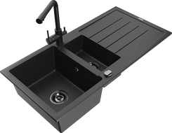Mexen Andres évier en granit à 1,5 bac avec égouttoir et mitigeur cuisine Duero, noir/argenté - 6515-73-671600-70-B