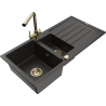 Mexen Andres évier en granit 1,5 bac avec égouttoir et robinet de cuisine Duero, noir/or - 6515-75-671600-50