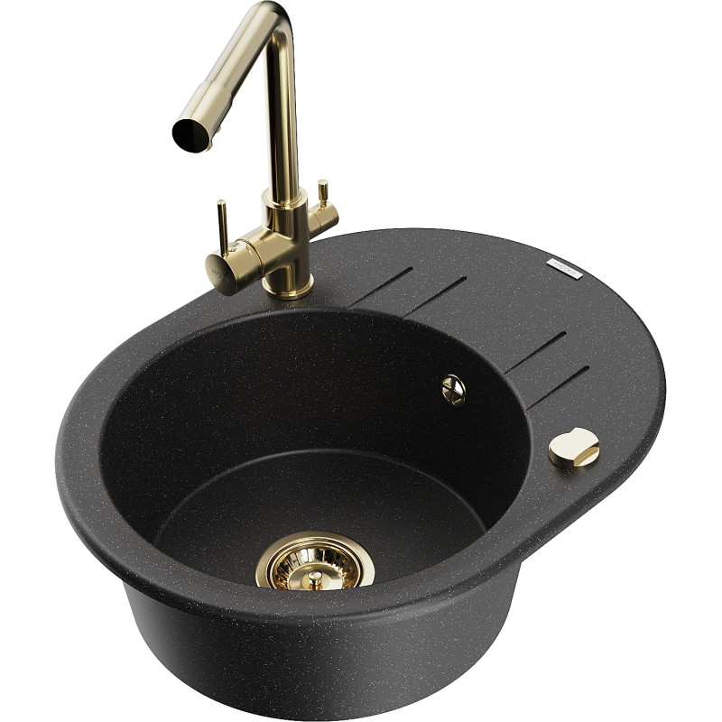 Mexen Kevin évier de cuisine en granit à 1 bac avec égouttoir et robinet Duero, noir/argent métallisé - 6517-73-671600-50