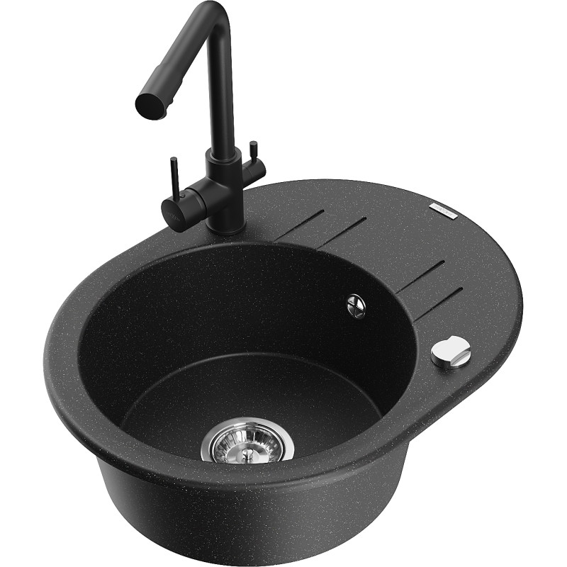 Mexen Kevin évier en granit 1 compartiment avec égouttoir et robinet de cuisine Duero, noir/métallisé argenté