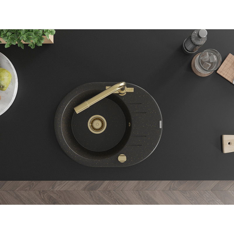Mexen Kevin évier en granit 1 bac avec égouttoir et robinet de cuisine Duero, noir/or métallisé - 6517-75-671600-50