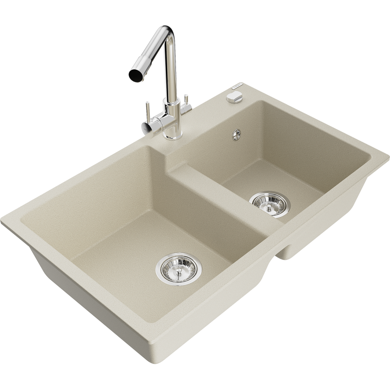 Mexen Tomas évier de cuisine en granit 2 bacs avec robinet Duero, beige - 6516-69-671600-00