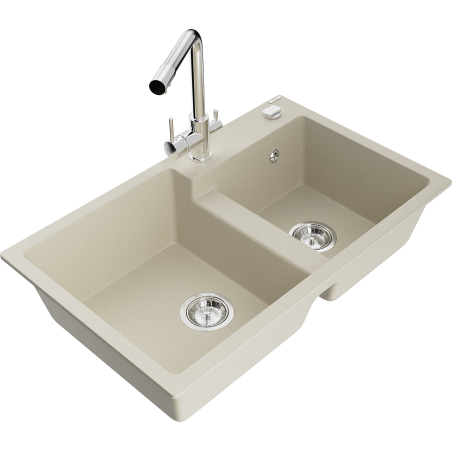 Mexen Tomas évier de cuisine en granit 2 bacs avec robinet Duero, beige - 6516-69-671600-00