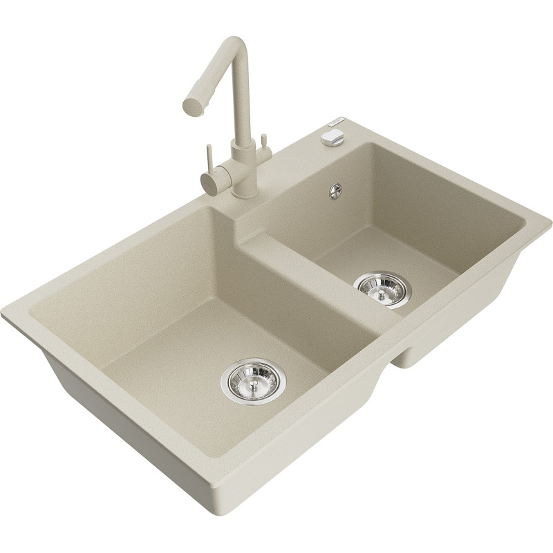 Mexen Tomas évier en granit à 2 bacs avec robinet de cuisine Duero, beige - 6516-69-671600-69