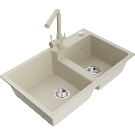 Mexen Tomas évier en granit 2 bacs avec robinet de cuisine Duero, beige - 6516-69-671600-69