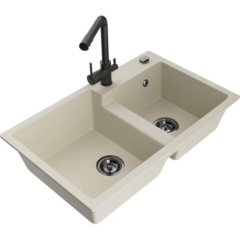 Mexen Tomas évier en granit 2 bacs avec robinet de cuisine Duero, beige - 6516-69-671600-70