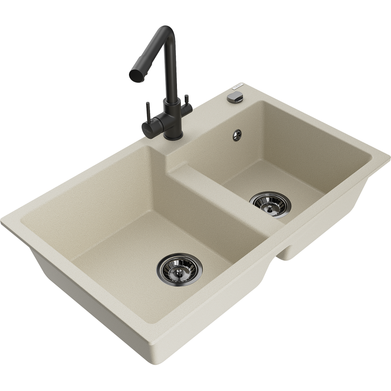 Mexen Tomas évier en granit à 2 bacs avec robinet de cuisine Duero, beige - 6516-69-671600-70
