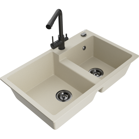 Mexen Tomas évier en granit 2 bacs avec robinet de cuisine Duero, beige - 6516-69-671600-70