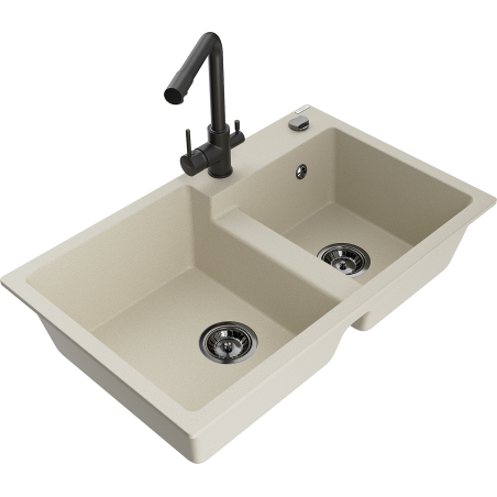 Mexen Tomas évier en granit à 2 bacs avec robinet de cuisine Duero, beige - 6516-69-671600-70