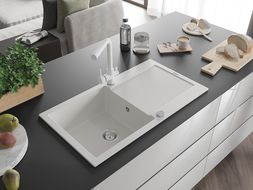 Mexen Leo évier en granit à 1 bac avec égouttoir et mitigeur de cuisine Duero, blanc - 6501-20-671600-20