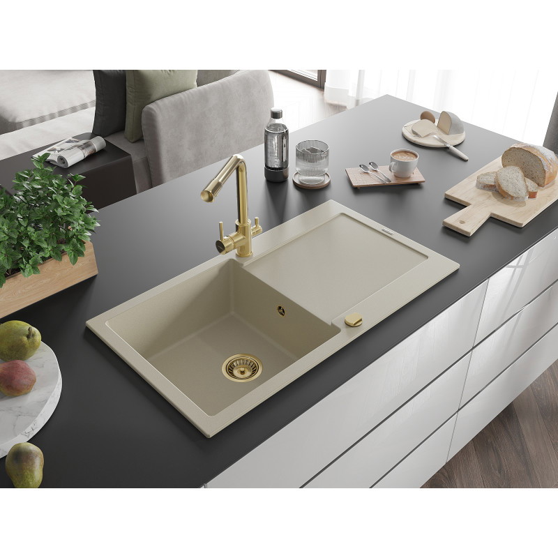 Mexen Leo évier en granit 1 cuve avec égouttoir et robinet de cuisine Duero, beige- 6501-69-671600-50