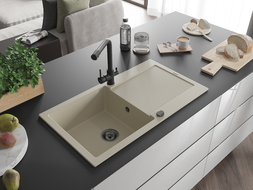Mexen Leo évier en granit 1 bac avec égouttoir et robinet de cuisine Duero, beige- 6501-69-671600-70