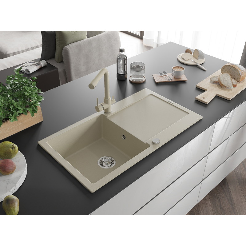 Mexen Leo évier de cuisine en granit à 1 bac avec égouttoir et robinet de cuisine Duero, beige - 6501-69-671600-69