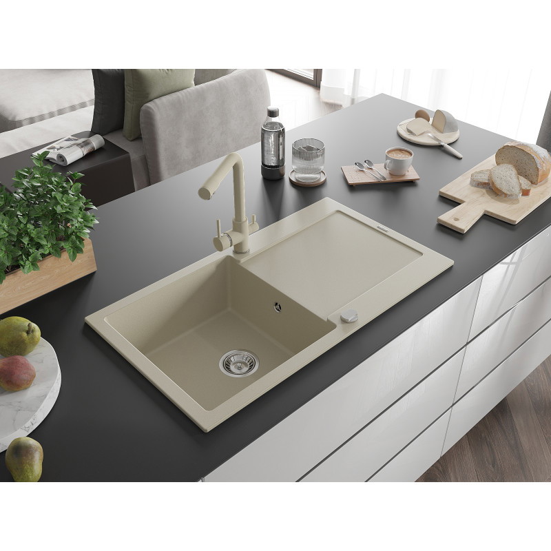 Mexen Leo évier en granit 1 bac avec égouttoir et robinet de cuisine Duero, beige - 6501-69-671600-69