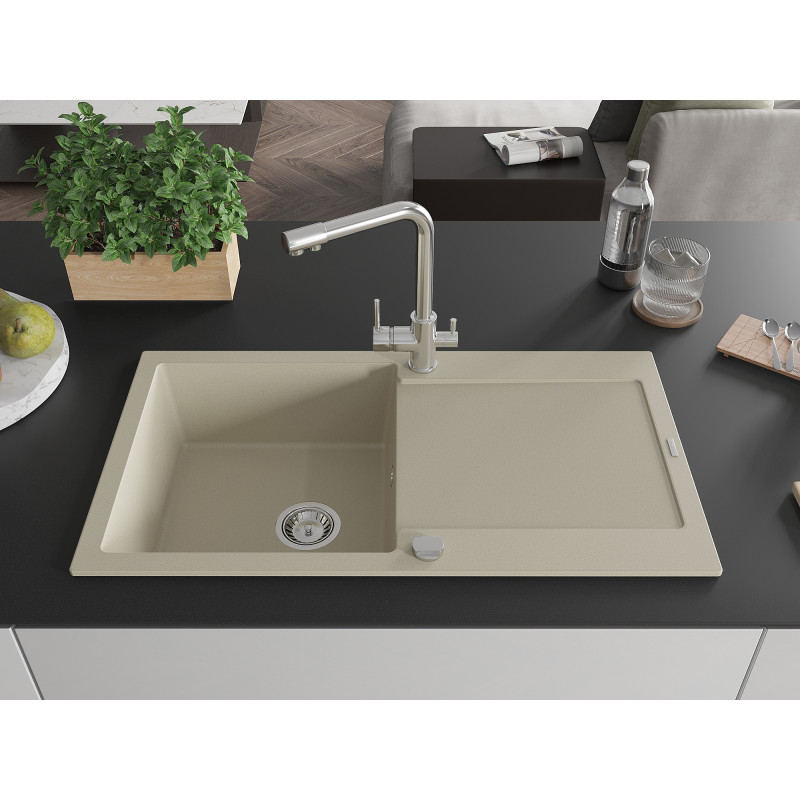 Mexen Leo évier en granit 1 bac avec égouttoir et robinet de cuisine Duero, beige - 6501-69-671600-00