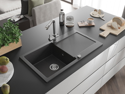 Mexen Leo évier en granit 1-bassine avec égouttoir et robinet de cuisine Duero, noir tacheté - 6501-76-671600-00