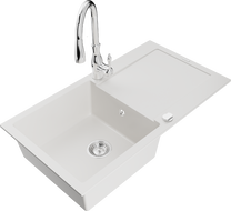 Mexen Leo évier en granit 1 bac avec égouttoir et robinet de cuisine Savita, blanc - 6501-20-672601-00