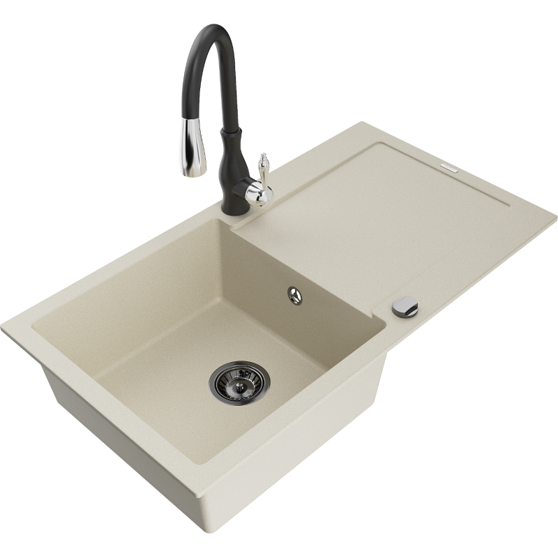 Mexen Leo évier en granit 1 cuve avec égouttoir et robinet de cuisine Savita, beige - 6501-69-672601-70