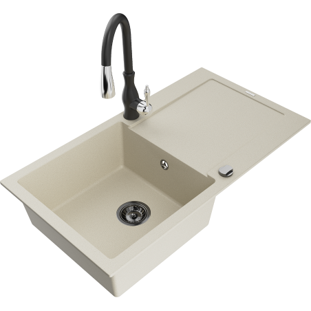 Mexen Leo évier en granit 1 cuve avec égouttoir et robinet de cuisine Savita, beige - 6501-69-672601-70
