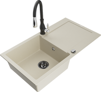 Mexen Leo évier en granit 1 cuve avec égouttoir et robinet de cuisine Savita, beige - 6501-69-672601-70