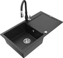 Mexen Leo évier en granit 1 bac avec égouttoir et robinet de cuisine Savita, noir/argent métallisé - 6501-73-672601-70