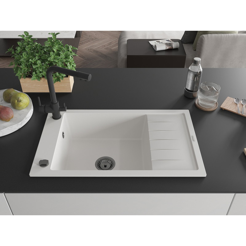 Mexen Elias Évier en granit 1 bac avec égouttoir et robinet de cuisine Duero, blanc - 6511-20-671600-70