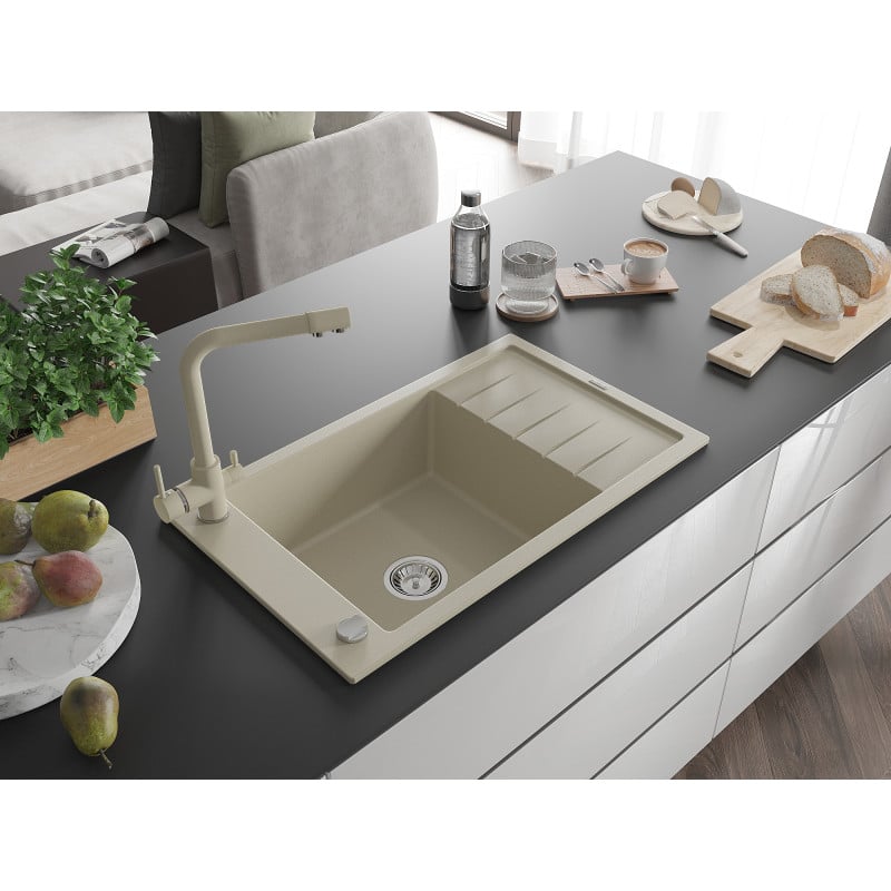 Mexen Elias évier en granit 1 bac avec égouttoir et robinet de cuisine Duero, beige - 6511-69-671600-69