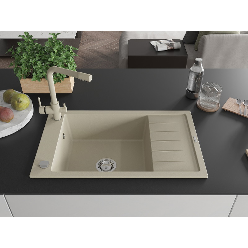 Mexen Elias Évier en granit 1 cuve avec égouttoir et robinet de cuisine Duero, beige - 6511-69-671600-69