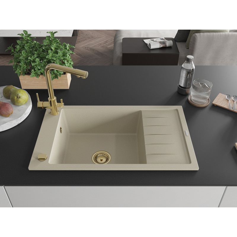 Mexen Elias Évier granit 1 bac avec égouttoir et mitigeur de cuisine Duero, beige - 6511-69-671600-50