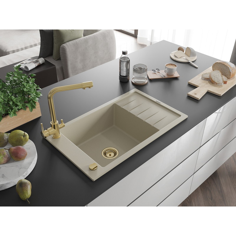 Mexen Elias Évier granit 1 bac avec égouttoir et mitigeur de cuisine Duero, beige - 6511-69-671600-50