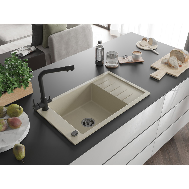 Mexen Elias évier en granit 1 bac avec égouttoir et robinet de cuisine Duero, beige - 6511-69-671600-70
