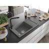 Mexen Elias évier granit 1-bassin avec égouttoir et robinet de cuisine Duero, gris - 6511-71-671600-70