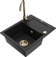 Mexen Enzo évier en granit 1-bac avec égouttoir et robinet de cuisine Telma, noir - 6506-77-670200-50