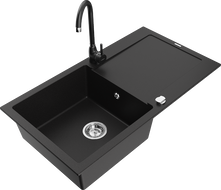 Mexen Leo évier de cuisine en granit à 1 bac avec égouttoir et robinet de cuisine Telma, noir - 6501-77-670200-70
