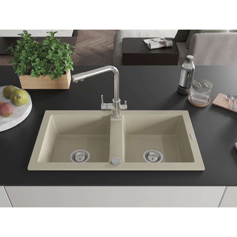 Mexen Mario évier en granit à 2 cuves avec robinet de cuisine Duero, beige - 6504-69-671600-00