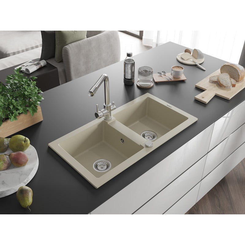 Mexen Mario évier en granit à 2 cuves avec robinet de cuisine Duero, beige - 6504-69-671600-00