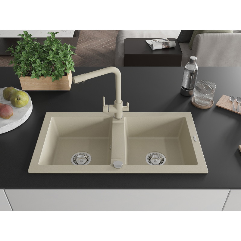 Mexen Mario évier en granit 2 bacs avec robinet de cuisine Duero, beige - 6504-69-671600-69