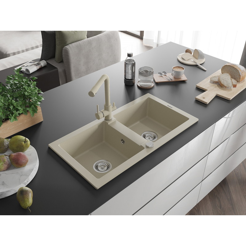 Mexen Mario évier en granit 2 bacs avec robinet de cuisine Duero, beige - 6504-69-671600-69
