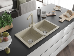 Mexen Mario évier en granit 2 bacs avec robinet de cuisine Duero, beige - 6504-69-671600-69