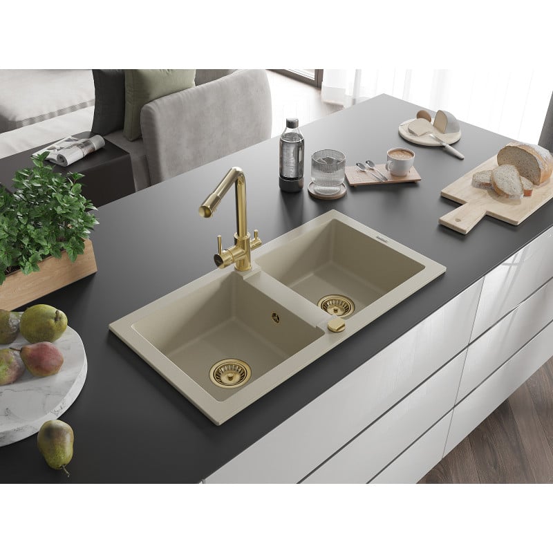 Mexen Mario évier de cuisine en granit 2 bacs avec robinet de cuisine Duero, beige - 6504-69-671600-50