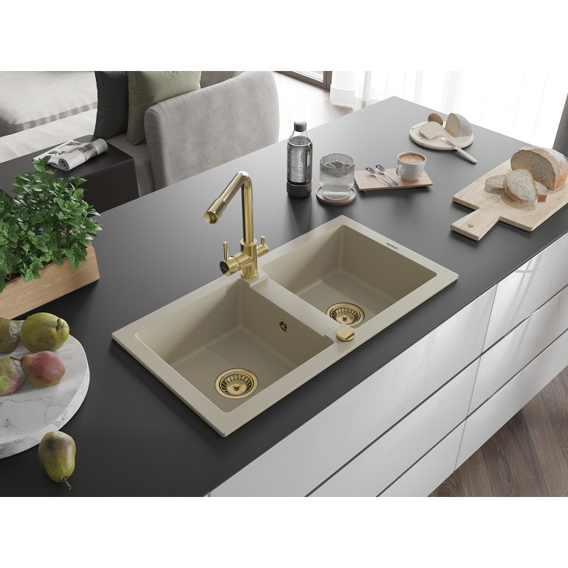 Mexen Mario Évier en granit 2 bacs avec robinet de cuisine Duero, beige - 6504-69-671600-50