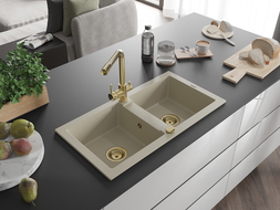 Mexen Mario évier de cuisine en granit 2 bacs avec robinet Duero, beige - 6504-69-671600-50