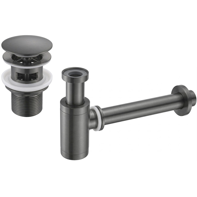 Mexen siphon demi-ronde pour lavabo avec bouchon clic-clac, avec trop-plein, gris canon brossé - 7992050-66