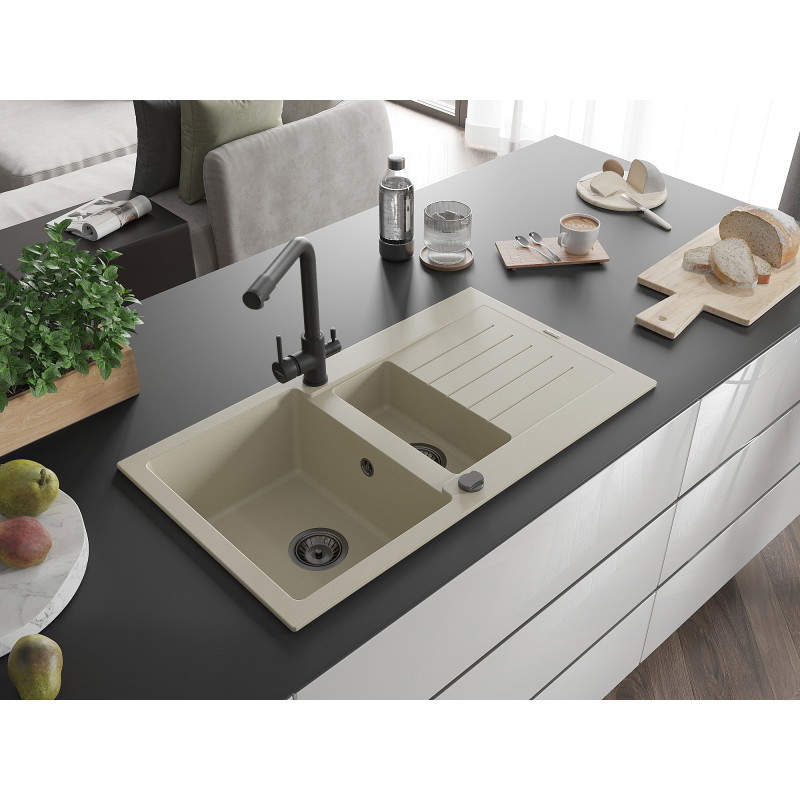 Mexen Matias évier en granit 1,5 bac avec égouttoir et robinet de cuisine Duero, beige - 6502-69-671600-70
