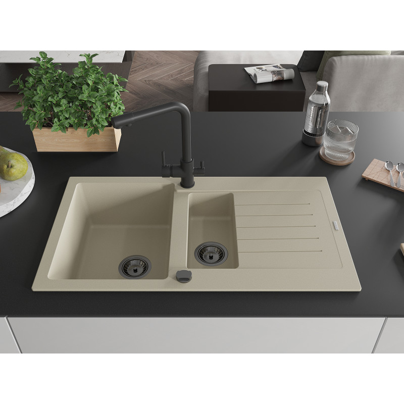 Mexen Matias évier en granit 1,5 bac avec égouttoir et robinet de cuisine Duero, beige - 6502-69-671600-70