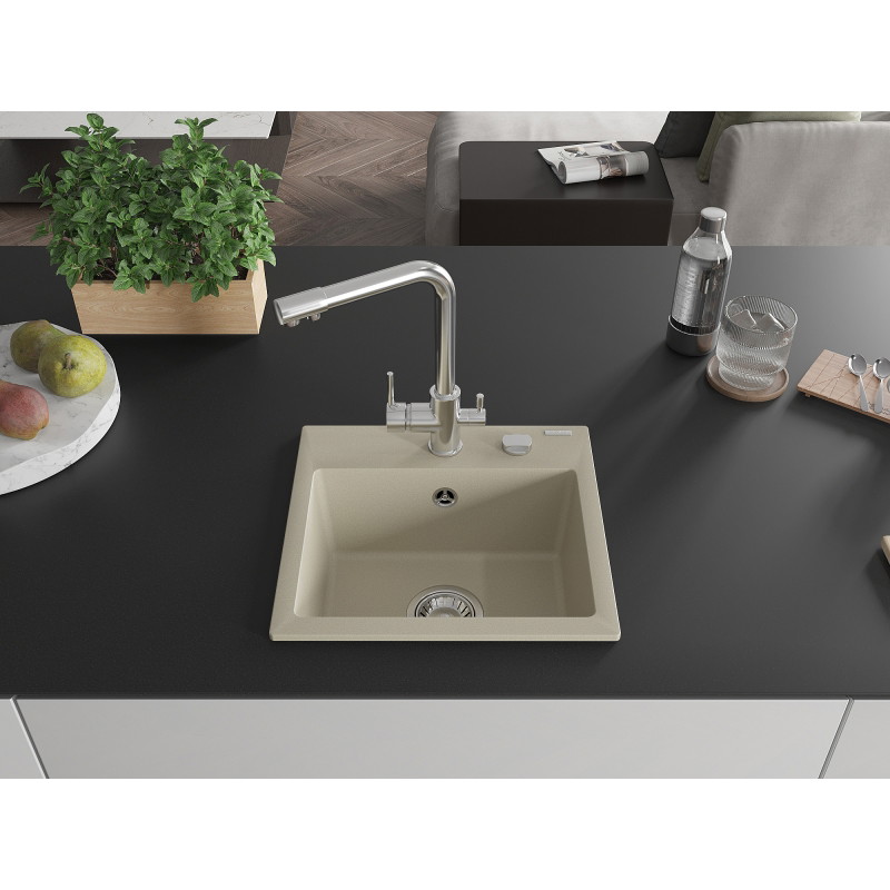 Mexen Milo évier en granit 1-bac avec mitigeur de cuisine Duero, beige - 6505-69-671600-00